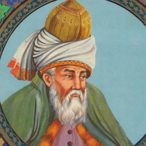 A historical illustration of Rumi, a renowned 13th-century Persian poet and Sufi mystic. He is depicted with a thoughtful expression, wearing a traditional green robe, a white turban, and a golden cap. The background features an ornate, circular border with intricate patterns, emphasizing his cultural and spiritual significance.