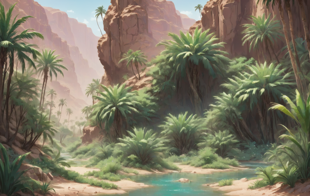 A lush, tropical oasis with vibrant green palm trees and dense foliage nestled between towering rocky cliffs. A serene, turquoise stream winds through the landscape, reflecting the clear blue sky above. The scene is bathed in soft, natural light, creating a peaceful and idyllic atmosphere.