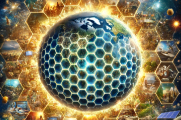 Illustration of Earth surrounded by a network of hexagonal cells, resembling a beehive. The hexagons contain diverse scenes depicting human activities, renewable energy, technology, nature, and community collaboration. The planet is illuminated with a golden glow, emphasizing unity and collective effort. In the background, a celestial, star-filled cosmic scene highlights the interconnectedness and vastness of the universe. This image symbolizes the HiveGeist concept of global collaboration and collective intelligence to address environmental and societal challenges.