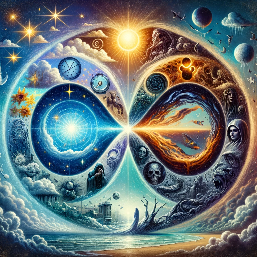 An illustration of the infinity-continuum symbol (figure 8), representing the flow of time and the interconnectedness of past, present, and future. The left side symbolizes the past with memories and traumas, the right side represents the future with hopes and anxieties, and the center intersection signifies the present moment, depicted as a radiant, glowing orb symbolizing the soul