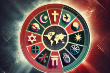 A circular representation of global unity and interconnectedness, featuring symbols of various philosophies and belief systems arranged around a map of the world at the center. The image combines a cosmic background with radiant light effects, emphasizing harmony and balance between diverse perspectives. The art style is vibrant and symbolic, showcasing a unified vision of collective consciousness and shared values.