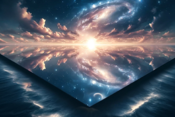 An ethereal scene depicting the concept of the plane of immanence. The image features a cosmic landscape with galaxies and stars reflected symmetrically across a central horizon, creating a sense of infinity and balance. Below the horizon, a calm ocean with gentle waves represents zero intensity, symbolizing a state of pure potentiality. The blend of celestial and oceanic elements illustrates the interconnectedness and continuous transformation within the universe.