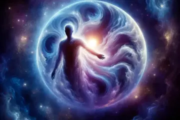 A cosmic scene with a luminous sphere of pure consciousness at its center. From this sphere, an ambiguous yet defined figure emerges, reaching out into the vast expanse of cosmic darkness. The figure is surrounded by swirling clouds of energy and light, blending seamlessly with the surrounding stars and nebulae. The image captures a sense of transcendence, unity, and the boundless potential of the human spirit within the universe.