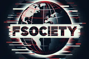 A digital logo inspired by the TV show Mr. Robot. The design features a globe in the background with a gritty, digital texture. Across the globe is the word "FSOCIETY" in bold, glitchy text. The overall aesthetic is dark with red, white, and black colors, evoking themes of hacking and cyber-anarchy central to the show.
