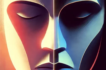 An abstract, surreal depiction of a human face split into light and dark halves. The left side is illuminated, calm, and warm-toned, while the right side is darkened, tense, and cool-toned. A subtle glow divides the two halves, symbolizing the contrast and balance between the visible self and hidden shadow. The angular and smooth lines reflect the internal struggle between opposing forces within the psyche.