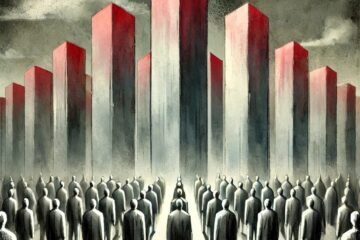 A surreal, abstract image featuring a group of faceless individuals standing in rows, overshadowed by tall, imposing geometric pillars that symbolize authority and dominance. The muted color palette of red, gray, and black enhances the ominous atmosphere, with dark skies looming overhead. Shadows from the pillars cast over the figures, creating a sense of control, submission, and collective conformity. The minimalist, watercolor-inspired style evokes themes of power, superiority, and suppression.