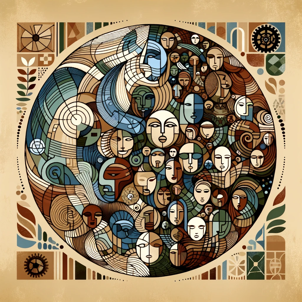 An abstract illustration for the theme "Beyond Borders: Rethinking Identity, Power, and Cooperation." The image features an intricate mosaic of diverse faces and geometric shapes, blending together in a harmonious circular pattern. The earthy tones and detailed line work symbolize unity and interconnectedness, highlighting the complexity and richness of human identity and cooperation across different cultures and perspectives.