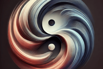 Yin-Yang Cosmos: The Balance of Opposites An abstract, modern interpretation of the Yin-Yang symbol, set against a cosmic background. The image represents the balance of light and dark, illustrating the harmony between opposing forces as reflected in various religious and philosophical traditions.