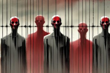 A chilling depiction of faceless figures with skull-like, red faces standing behind barbed wire, symbolizing "The Other." These figures represent those excluded by a fascist regime, dehumanized and stripped of individuality. The barbed wire fences create an image of separation and oppression, reinforcing the divide between the chosen group and "The Other." The dark, red-tinged tones emphasize the fear and alienation fostered by fascist ideologies, where conformity, exclusion, and domination over perceived enemies prevail.