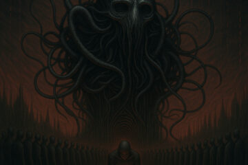 A towering biomechanical parasite looms in a dark, dystopian abyss, its form skeletal and grotesque, composed of coiled cables and pulsing machinery. Faceless humanoid figures in long rows march solemnly toward its base, heads bowed. The atmosphere is crimson and shadow-drenched, evoking submission, control, and the mechanization of belief. No weapons or symbols remain—only the machine and its obedient masses.
