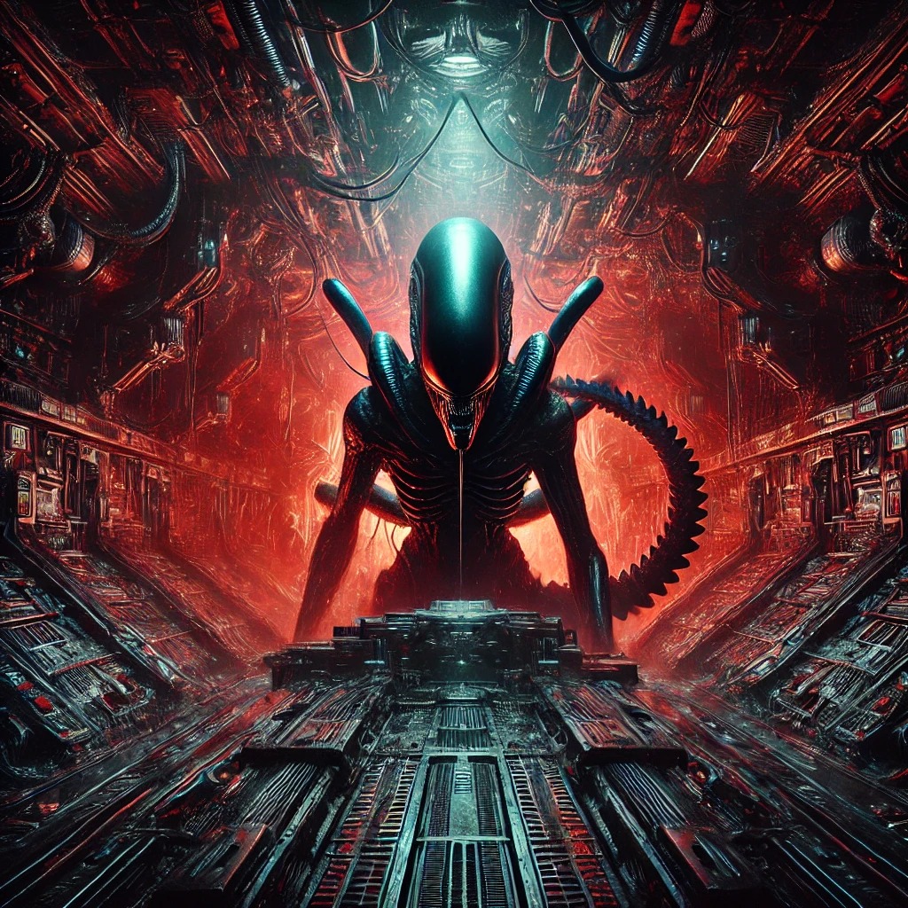 A menacing xenomorph emerges from a dark, industrial spaceship interior, bathed in fiery red and black tones. The biomechanical textures of the creature blend seamlessly with the metallic walls, creating a haunting and claustrophobic environment. The artwork emphasizes the raw, uncontrollable energy of the xenomorph, symbolizing survival and chaos.