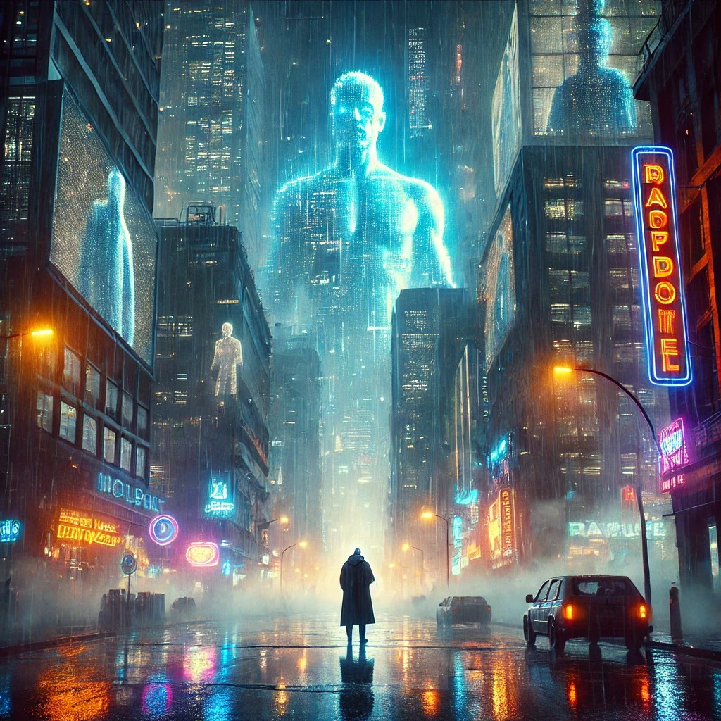 A dystopian digital artwork inspired by Blade Runner 2049. The scene features a rain-soaked, neon-lit cityscape with massive, decaying skyscrapers in the background. Bright holographic figures of artificial humans tower over the urban environment, casting an eerie glow. A solitary figure in a trench coat walks through the misty streets, their silhouette illuminated by flickering neon advertisements in shades of blue, orange, and purple. The atmosphere is moody and cinematic, evoking themes of isolation, identity, and decay in a cyberpunk dystopia.