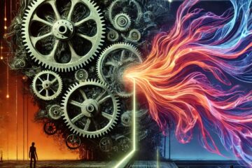 A surreal and futuristic illustration depicting the dual forces of deterritorialization and reterritorialization in capitalism. A large mechanical system with intricate, swirling gears dominates the center, symbolizing capitalism. On the left, a vibrant, fluid-like structure breaks free in chaotic, organic shapes, representing deterritorialization. On the right, the fluid is forced into rigid, geometric patterns, illustrating reterritorialization. In the dark, moody background, faint outlines of human figures symbolize captured desires, with glowing neon lines highlighting tension and motion. The image conveys a dystopian yet dynamic aesthetic.