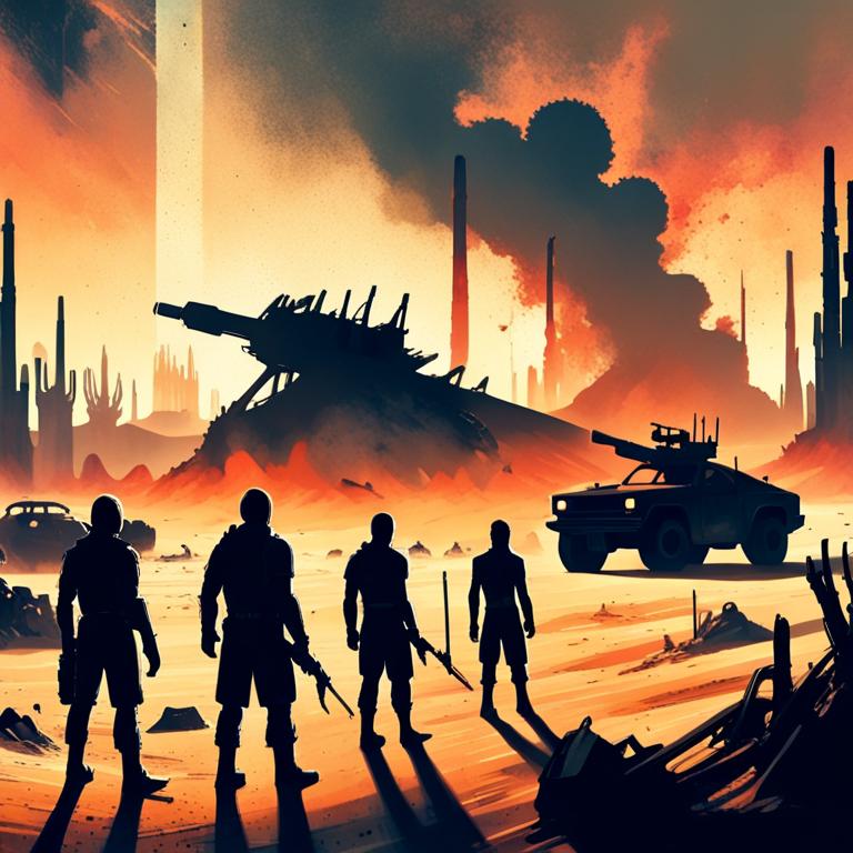 A gritty post-apocalyptic desert scene dominated by a fiery sky. Silhouettes of a group of survivors stand in the foreground, armed and ready, facing a landscape filled with rusted vehicles and industrial wreckage. The vibrant orange and red tones emphasize destruction, resilience, and the collective fight for renewal amidst chaos.