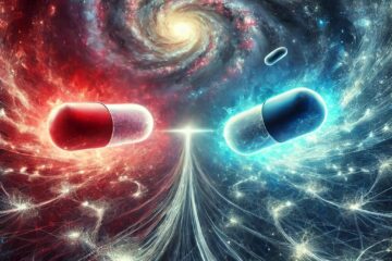 A cosmic, surreal artwork depicting two glowing pills—one red and one blue—floating in a swirling galaxy. The red pill is surrounded by fiery, chaotic light, while the blue pill is enveloped in calm, structured energy. Both pills are connected by luminous neural-like pathways converging toward a singular bright light at the center. The background features a vivid spiral galaxy, symbolizing the tension between choice, control, and liberation. Inspired by themes from The Matrix and the philosophical exploration of resistance and escape.