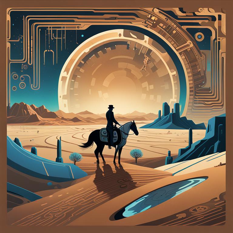 A stylized depiction of a vast desert landscape under a warm, glowing sunset. A lone figure on horseback stands at the edge of a futuristic, circular structure embedded in the terrain, blending Western motifs with technological elements. The aesthetic combines natural beauty with sleek, minimalist designs, reflecting themes of control and freedom.