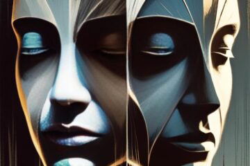 This image appears to depict two surreal, abstract faces juxtaposed against each other, with soft light and shadow creating a haunting and introspective atmosphere. The faces, with sharp contours and elongated features, seem to merge at the edges, symbolizing duality, contradiction, or the concept of a fragmented self. The interplay of light and dark tones enhances the feeling of contrast and unity, evoking themes of self-reflection and the integration of opposing forces.