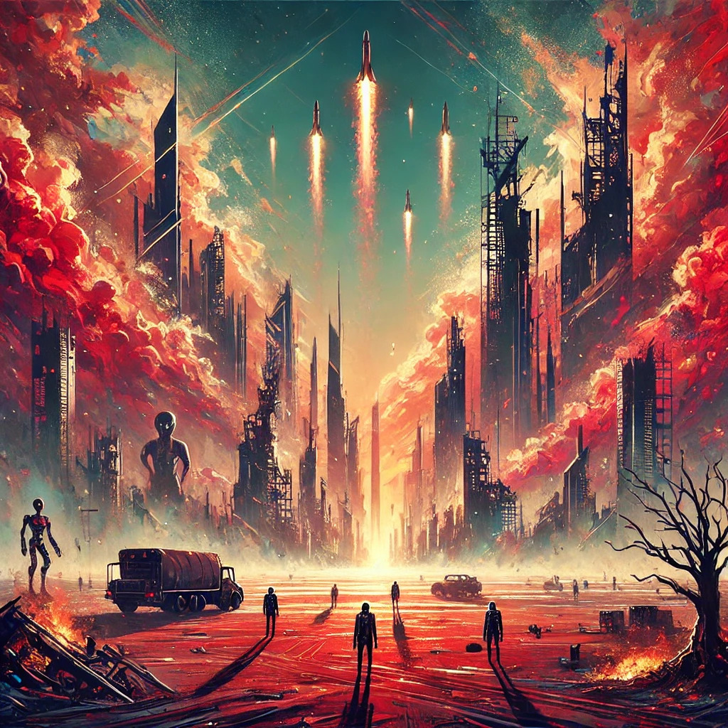 A dystopian cityscape bathed in fiery hues of red and orange, with towering, crumbling skyscrapers reaching into a smoke-filled sky. Rockets launch upward, leaving behind trails of fire, symbolizing an exodus from a collapsing world. Scattered figures stand in the foreground, casting long shadows, watching the departure. Among them, humanoid robots and alien-like beings loom in the ruins, blending the themes of technological supremacy and abandonment. The landscape is littered with wreckage, burning debris, and twisted remnants of civilization, evoking a sense of finality and escape.