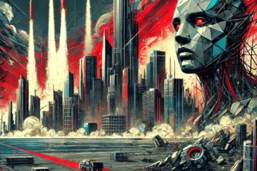 A dystopian futuristic city in ruins, with towering skyscrapers collapsing under their own weight. The atmosphere is dark and chaotic, filled with dust and debris. In the background, a sleek, futuristic rocket ascends into the sky, symbolizing an escape from the crumbling civilization below. The angular, abstract art style gives the scene a surreal and ominous tone, emphasizing themes of technological hubris and societal collapse.