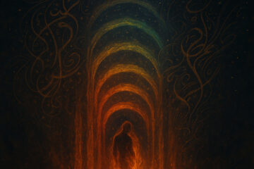 A mystical, surreal descent through seven ancient gates, each gate glowing with different shades of fire and light. At the bottom stands a figure, half-shadow, half-light, dissolving into flame—not in pain, but in calm transformation. The atmosphere is a blend of Sufi mysticism, Jungian psychology, and Dantean myth—symbolizing ego dissolution and spiritual awakening. The background suggests an infinite void, with sparks forming constellations. Include abstract calligraphic patterns inspired by Rumi, flowing like wind or spirit. The overall tone is transcendent, introspective, and mythic—inviting, not fearful.