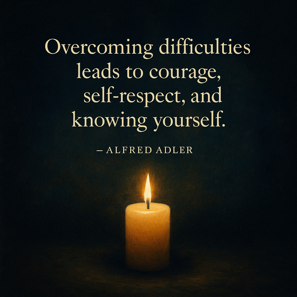 A digital image shows a single lit candle floating in a vast, star-dotted darkness. The candle glows with a warm golden flame, softly illuminating its immediate surroundings while the background remains deep and cosmic. The text overlays the image in a clean, elegant font:
“Overcoming difficulties leads to courage, self-respect, and knowing yourself.” — Alfred Adler.
The overall tone evokes quiet resilience, spiritual depth, and a sense of collective awakening through personal struggle. Inspired by #HiveGeist