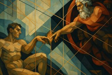 A geometric, cubist-style reinterpretation of Michelangelo’s Creation of Adam. God reaches toward man, not with divine grace, but with intense authority. Golden lines fracture the canvas, evoking division and control. Adam appears passive, almost hesitant, while God’s expression is forceful. The scene suggests not harmony but hierarchy—symbolizing the moment where unity splits into obedience, judgment, and the birth of ego.