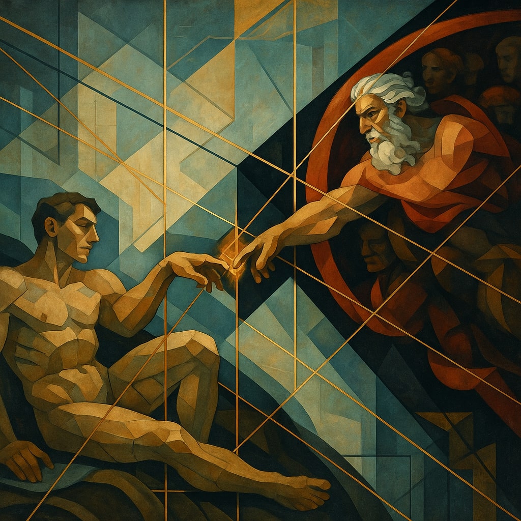 A geometric, cubist-style reinterpretation of Michelangelo’s Creation of Adam. God reaches toward man, not with divine grace, but with intense authority. Golden lines fracture the canvas, evoking division and control. Adam appears passive, almost hesitant, while God’s expression is forceful. The scene suggests not harmony but hierarchy—symbolizing the moment where unity splits into obedience, judgment, and the birth of ego.