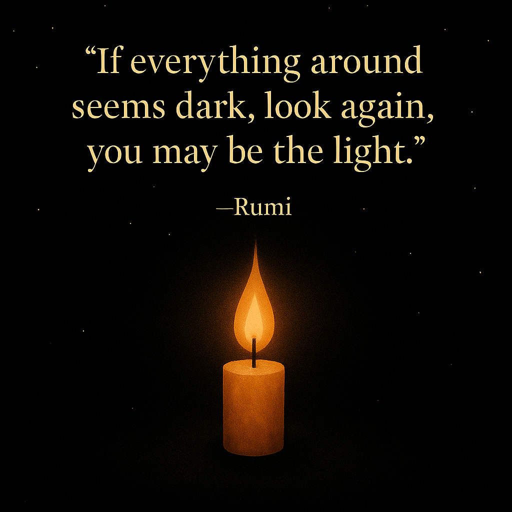 A digital image shows a single lit candle floating in a vast, star-dotted darkness. The candle’s golden flame softly illuminates its surroundings, creating a warm halo against the deep cosmic background. The overlaid quote reads: “If everything around seems dark, look again, you may be the light.” — Rumi The tone evokes inner strength, awakening, and quiet resilience—a reminder that even in darkness, the light may come from within. Inspired by #HiveGeist