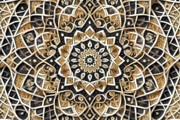 A mesmerizing digital artwork features a Penrose-tiled mandala composed of intricate geometric patterns in gold, black, and white tones. The design weaves together interlocking loops and starburst motifs, creating a sense of both mathematical precision and sacred flow. Though non-repeating, the pattern appears infinitely harmonious—symbolizing unity through complexity, and echoing themes of balance, emergence, and divine symmetry. The image evokes a feeling of contemplative stillness and transcendence.