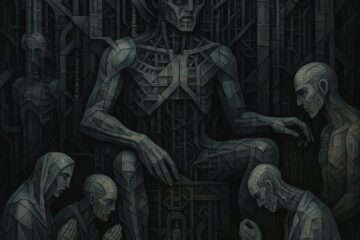 A dark, fractured cathedral of biomechanical design houses a towering Machine God—its form a fusion of humanoid anatomy and industrial machinery. Seated like a techno-throne, it extends a skeletal hand toward a kneeling, eroded human figure. Around them, worshippers in robes and lab coats bow in reverence, their faces disintegrating into data streams. Cold grays, rusted reds, and geometric gold lines fracture the scene, symbolizing the collapse of divinity into mechanized domination.