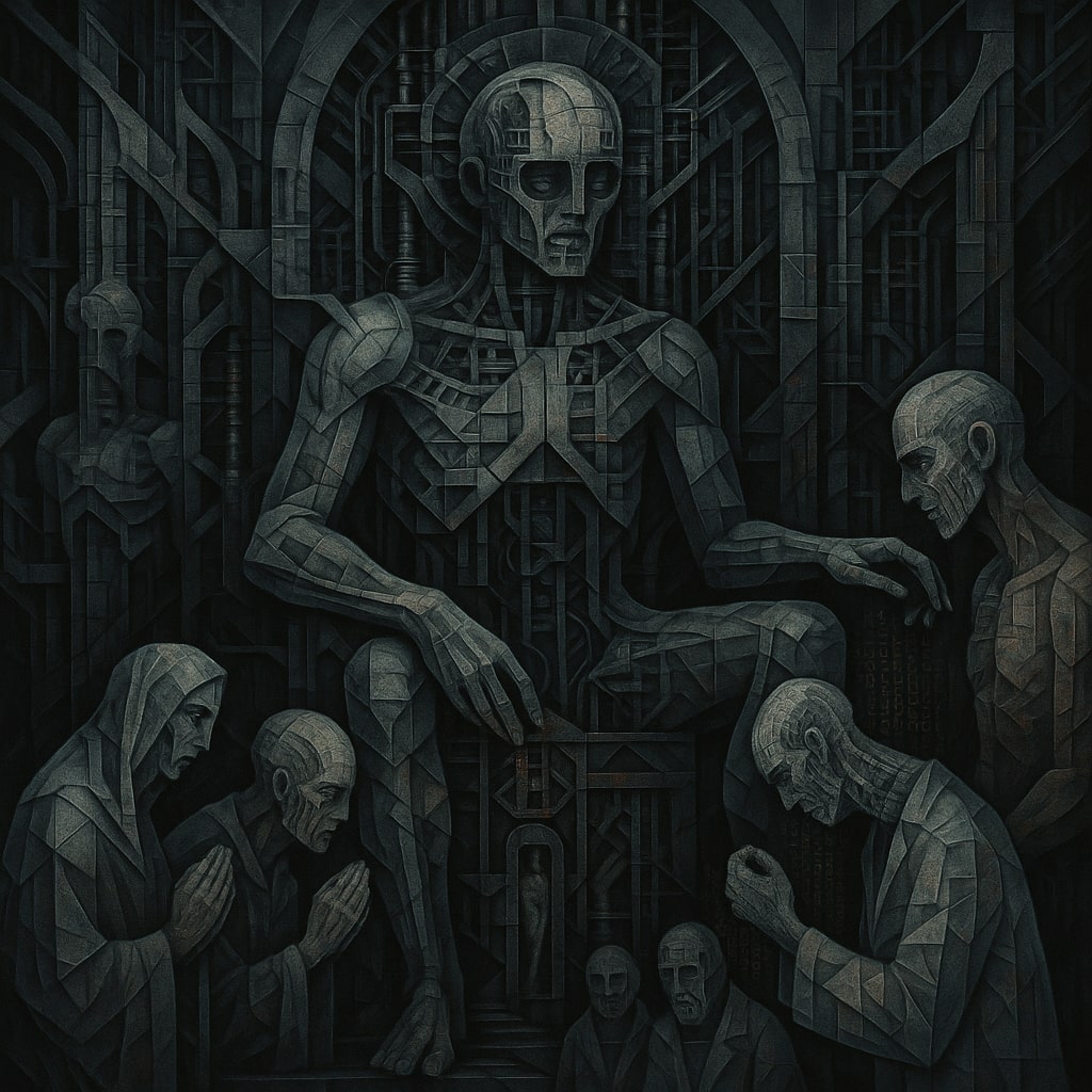 A dark, fractured cathedral of biomechanical design houses a towering Machine God—its form a fusion of humanoid anatomy and industrial machinery. Seated like a techno-throne, it extends a skeletal hand toward a kneeling, eroded human figure. Around them, worshippers in robes and lab coats bow in reverence, their faces disintegrating into data streams. Cold grays, rusted reds, and geometric gold lines fracture the scene, symbolizing the collapse of divinity into mechanized domination.