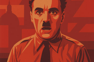A stylized digital portrait inspired by Charlie Chaplin’s speech in The Great Dictator, rendered in a modernist, angular art style with reddish and gray tones. The composition evokes propaganda aesthetics while subverting them, portraying Chaplin's emotional expression of defiance against fascism in a fragmented, cubist visual language.