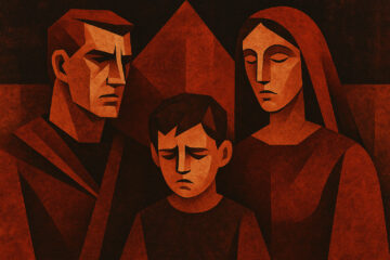 Cubist-style digital illustration depicting a symbolic triangle of patriarchal power: a father figure, a child, and a veiled mother. Rendered in angular, rectangular forms with a red-dominated palette, evoking repression, hierarchy, and control.