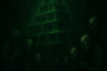 A towering, ziggurat-like structure glows with an eerie green light at its summit, set against a backdrop of biomechanical tubing and dark industrial patterns. Hooded, expressionless humanoids bow in submission around its base. The atmosphere suggests reverence, control, and ideological entrapment. The green luminescence evokes toxic divinity—where devotion meets decay.