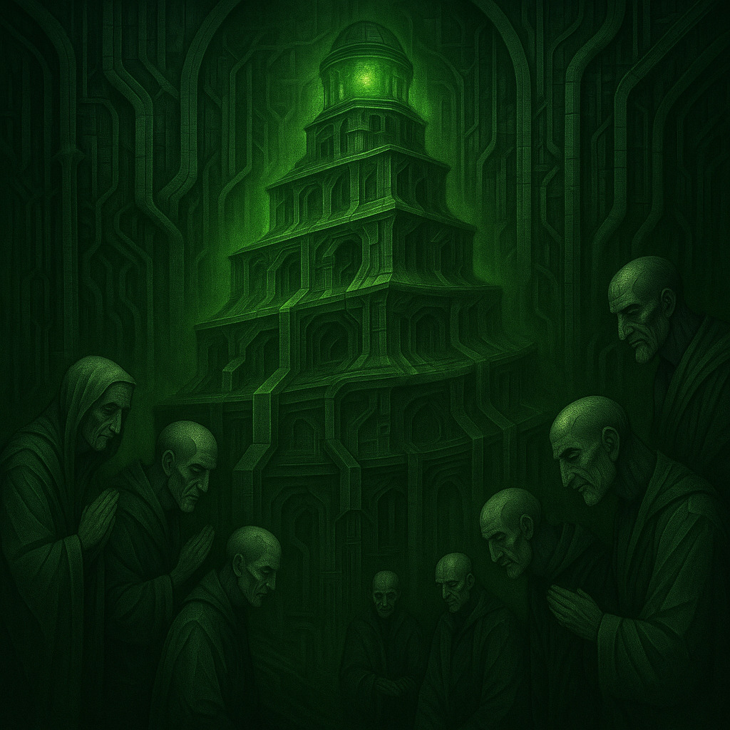 A towering, ziggurat-like structure glows with an eerie green light at its summit, set against a backdrop of biomechanical tubing and dark industrial patterns. Hooded, expressionless humanoids bow in submission around its base. The atmosphere suggests reverence, control, and ideological entrapment. The green luminescence evokes toxic divinity—where devotion meets decay.