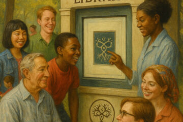 A diverse group of smiling people of different ages and ethnicities gathers around a public display labeled "The Infinite Library." A Black woman points to a symbolic diagram resembling branching roots and interconnected circles, etched in a central frame. The atmosphere is warm and communal, suggesting shared knowledge, curiosity, and mutual engagement with a visionary learning system. A circular emblem of a tree with spiral roots and branches appears beneath the display, symbolizing growth, connection, and recursion.