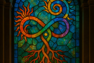 Stained glass window depicting an infinity symbol entwined with radiant solar spirals and branching roots below. The vibrant colors suggest movement between growth and entropy—sunlight pours through in warm reds, oranges, and blues, casting recursive patterns on the stone floor. A subtle tag in the corner reads "#TAIRID," marking the piece as symbolic of recursive collapse and thermodynamic alignment.