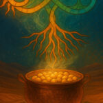 Surreal illustration inspired by Rumi’s ‘Boil to Become.’ A golden cauldron brimming with glowing chickpeas sits under a night sky, its steam transforming into tree-like golden roots that rise upward and merge with a luminous, green-and-gold cosmic pattern.