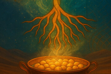 Surreal illustration inspired by Rumi’s ‘Boil to Become.’ A golden cauldron brimming with glowing chickpeas sits under a night sky, its steam transforming into tree-like golden roots that rise upward and merge with a luminous, green-and-gold cosmic pattern.