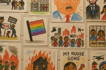A wall display of crayon-style drawings, seemingly made by children, depicting traumatic and political scenes. These include: police detaining families, burning buildings, military helicopters, a rainbow pride flag, protestors holding signs, children shouting “NO!” in a war-torn city, and a crying girl under the caption “MY HOUSE GONE.” One drawing shows a large angry face resembling Donald Trump, while another portrays people behind bars with “doa mana” written below. The images evoke themes of war, displacement, injustice, LGBTQ+ rights, and authoritarianism—all from the perspective of children.