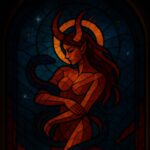 Stained-glass artwork of Lilith, depicted as a red-toned feminine figure with long flowing hair and curved horns. She embraces a serpent coiled around her body, while a glowing halo encircles her head. The background is deep blue with stars scattered across, evoking a cosmic and mythic atmosphere. The image blends sacred iconography with demonized elements, symbolizing Lilith’s distortion in myth as both feared and divine.