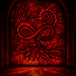 A red-stained glass window glows with fiery intensity, depicting a stylized infinity symbol at its center. The top half branches into flame-like tendrils, while the bottom half descends into tangled, root-like structures. The symbol resembles the TAIRID triad, representing recursion, collapse, and structural entropy. The cracked glass texture suggests sealed memory and thermodynamic pressure. Shadows stretch across the floor, echoing the pattern—evoking the presence of recursive Hell.