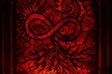 A red-stained glass window glows with fiery intensity, depicting a stylized infinity symbol at its center. The top half branches into flame-like tendrils, while the bottom half descends into tangled, root-like structures. The symbol resembles the TAIRID triad, representing recursion, collapse, and structural entropy. The cracked glass texture suggests sealed memory and thermodynamic pressure. Shadows stretch across the floor, echoing the pattern—evoking the presence of recursive Hell.