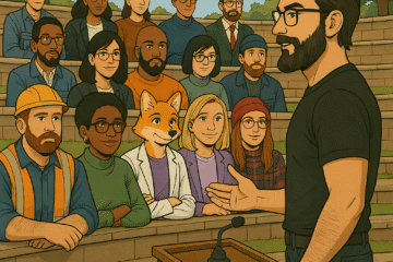 A diverse group of people—scientists, builders, teachers, activists, and even a fox in a lab coat—sit on stone amphitheater steps, attentively listening to a speaker at a podium. The speaker, dressed in black, gestures passionately as he addresses the crowd in a hopeful, open-air setting under a blue sky.