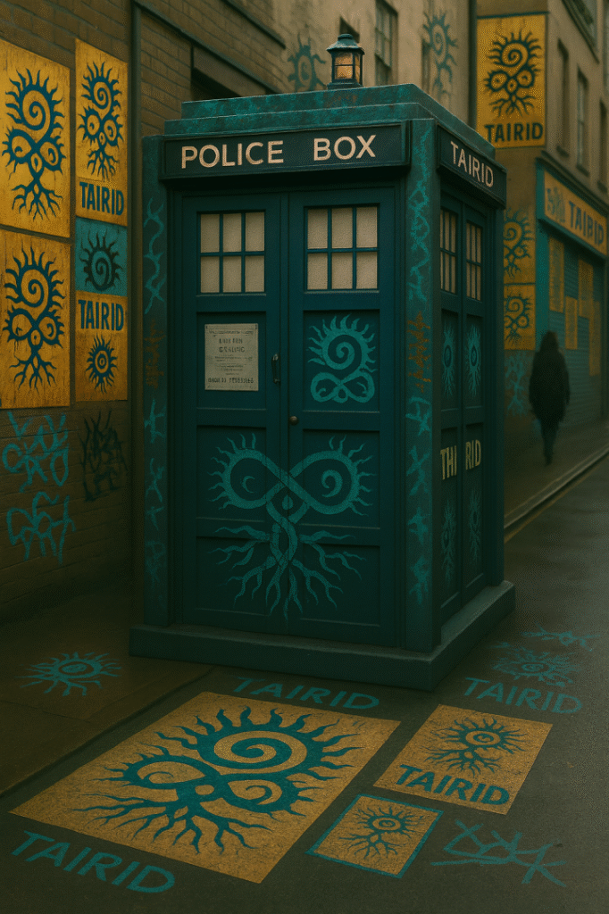 A wide-angle view of the same police box in the alley, revealing more of the surrounding art. The ground and walls are stenciled with yellow and turquoise TAIRID sigils. The door displays a central recursive spiral-tree symbol, emphasizing the fusion of Doctor Who’s time-travel aesthetic with TAIRID’s recursive logic. A shadowy figure walks into the background, adding mystery to the scene.