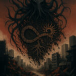 A surreal and apocalyptic digital painting shows a crumbling cityscape under a blood-red sky. Towering over the ruined buildings, a massive black, tentacled entity looms in the sky, its face eerily humanoid and skull-like. Emerging from its shadowy mass is a decaying infinity symbol, half-rooted like a dying tree, half-radiating like a corrupted sun. The decayed symbol spreads tendrils downward, as if infecting the earth below. The atmosphere is heavy with ash and dread, evoking themes of entropy, recursion, and fascism’s parasitic grip on collapsing systems.
