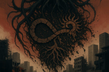 A surreal and apocalyptic digital painting shows a crumbling cityscape under a blood-red sky. Towering over the ruined buildings, a massive black, tentacled entity looms in the sky, its face eerily humanoid and skull-like. Emerging from its shadowy mass is a decaying infinity symbol, half-rooted like a dying tree, half-radiating like a corrupted sun. The decayed symbol spreads tendrils downward, as if infecting the earth below. The atmosphere is heavy with ash and dread, evoking themes of entropy, recursion, and fascism’s parasitic grip on collapsing systems.