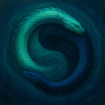 A surreal yin–yang style painting of two serpents coiled in perfect circular balance. One serpent is turquoise and emerald, symbolizing fresh water, while the other is deep indigo and navy, symbolizing salt water. They spiral around each other in a swirling primordial ocean, embodying Apsu and Tiamat as the original unity.