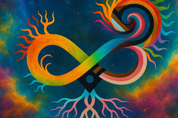 A surreal cosmic painting of an infinity symbol made of rainbow-colored, flame-like tendrils. One loop flows into fiery sunbursts, the other into radiant spirals, while the center branches downward into glowing roots. The background is a vibrant star field of blues, purples, oranges, and greens, evoking both cosmic depth and earthly grounding. The image symbolizes interconnectedness, endless variation, and the rooted strength of neurodiversity.