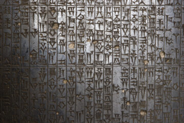 Close-up of the Code of Hammurabi, showing vertical columns of ancient cuneiform script carved into dark basalt. The wedge-shaped characters are deeply incised and weathered, with small chips and imperfections scattered across the surface. The texture of the stone highlights the precision and density of the writing, symbolizing the earliest codification of law and balance in Mesopotamian society.